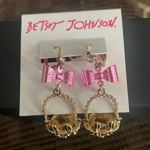 Gold Tone Betsey Johnson Easter Basket Dangling Earrings with Pink Bow
